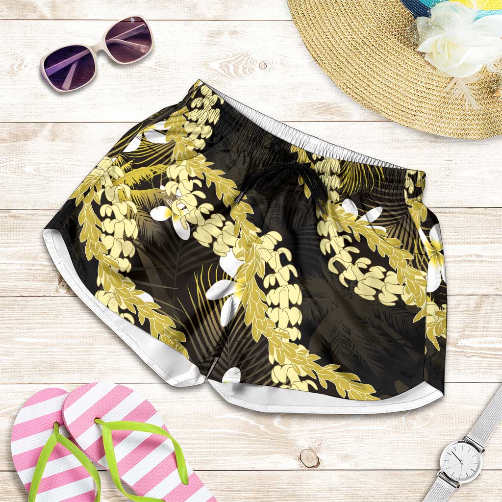 Puakenikeni Maile Lei Shorts for Women Frangipani Yellow Tropical Leaves