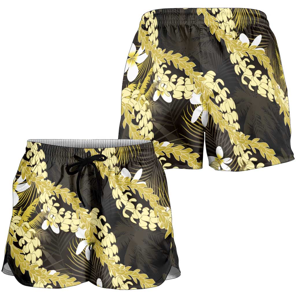 Puakenikeni Maile Lei Shorts for Women Frangipani Yellow Tropical Leaves