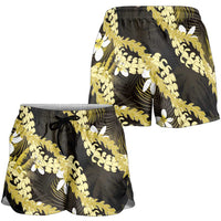 Puakenikeni Maile Lei Shorts for Women Frangipani Yellow Tropical Leaves