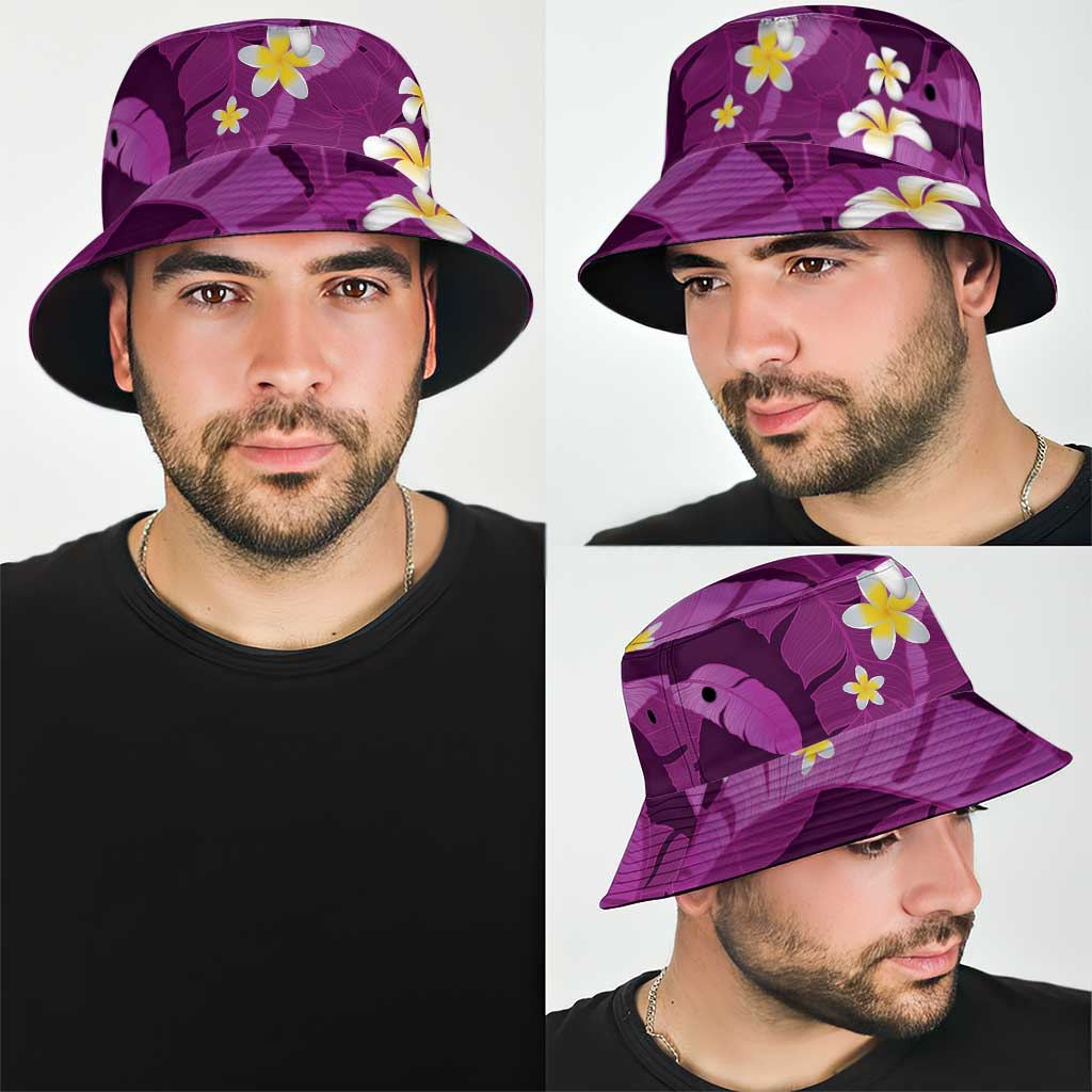 Purple Banana Leaf Hawaii Bucket Hat Lau Maia Plumeria Tropical Summer Vibes