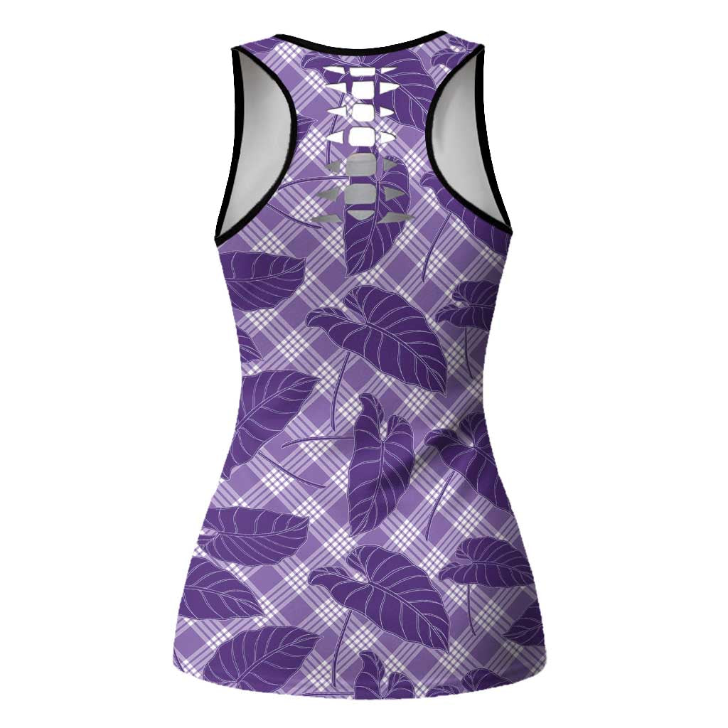 Purple Hawaii Kalo Palaka Motifs Hollow Tank Top Hawaiian Taro Leaves Elegant Vibes