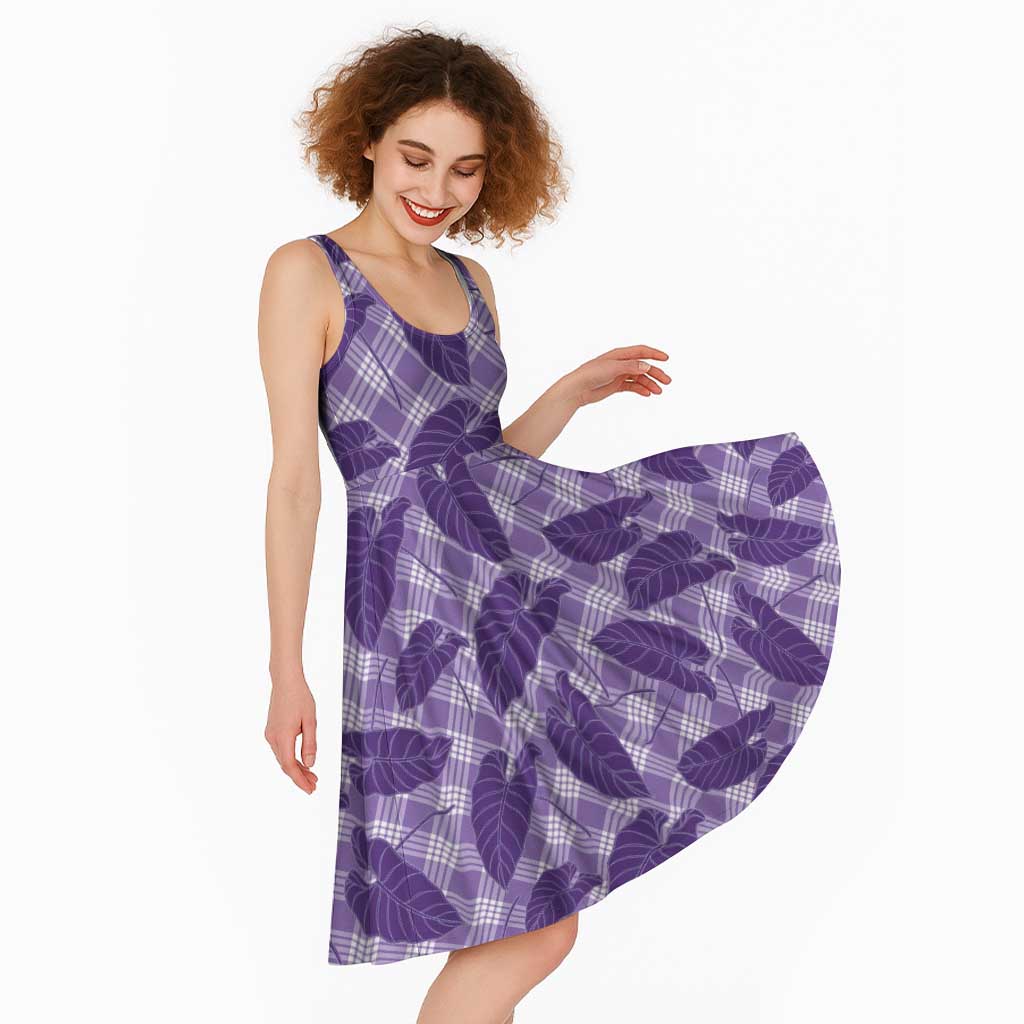Purple Hawaii Kalo Palaka Motifs Midi Dress Hawaiian Taro Leaves Elegant Vibes