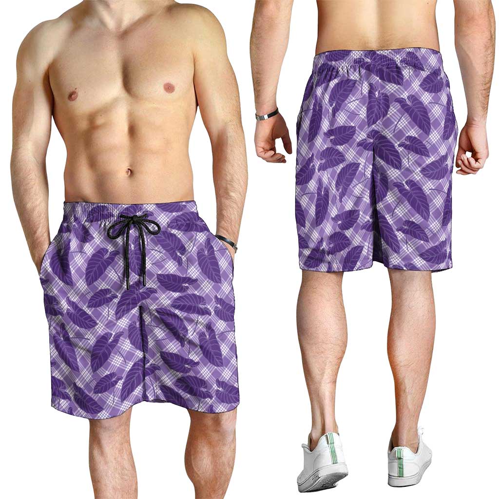 Purple Hawaii Kalo Palaka Motifs Shorts for Men Hawaiian Taro Leaves Elegant Vibes