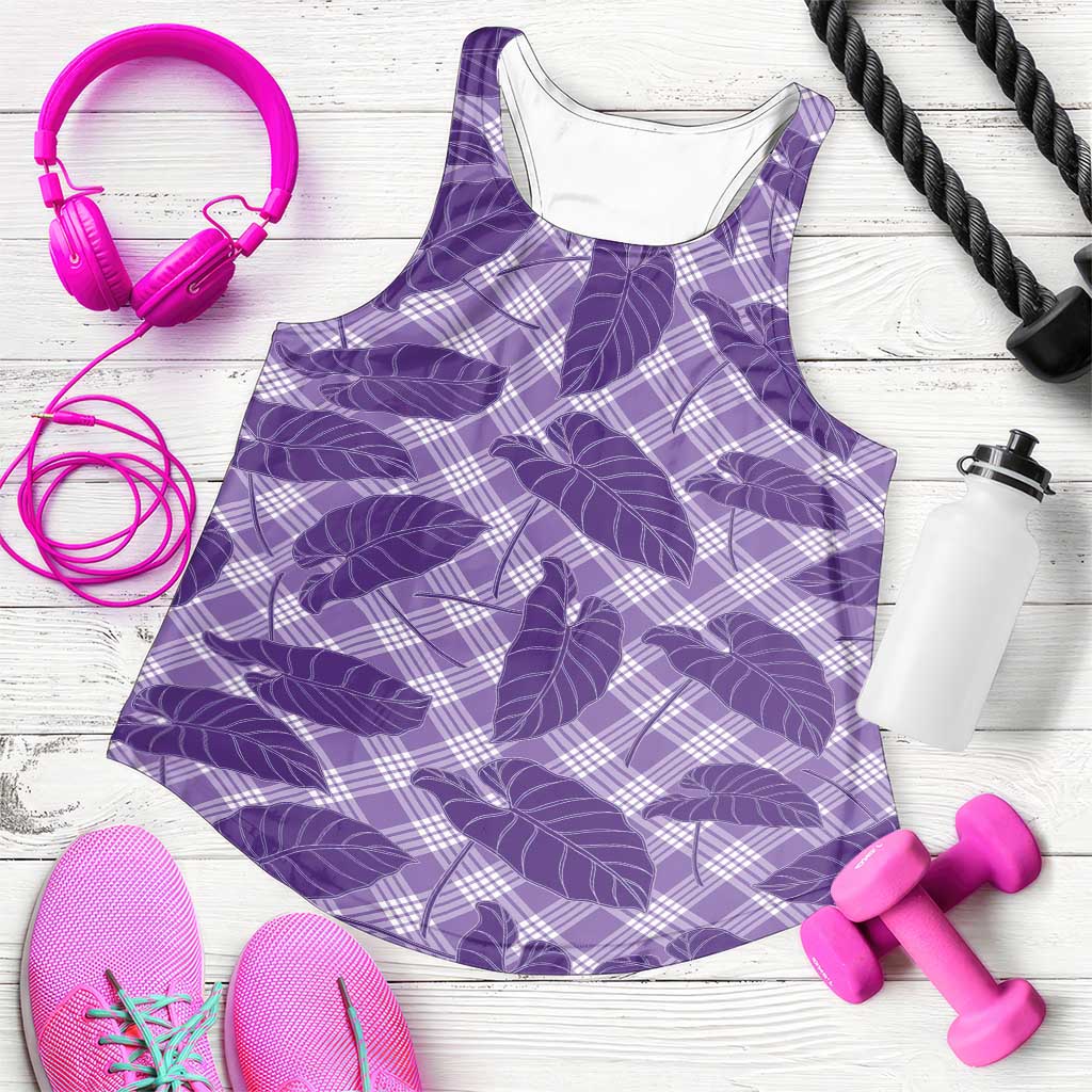 Purple Hawaii Kalo Palaka Motifs Women Racerback Tank Hawaiian Taro Leaves Elegant Vibes