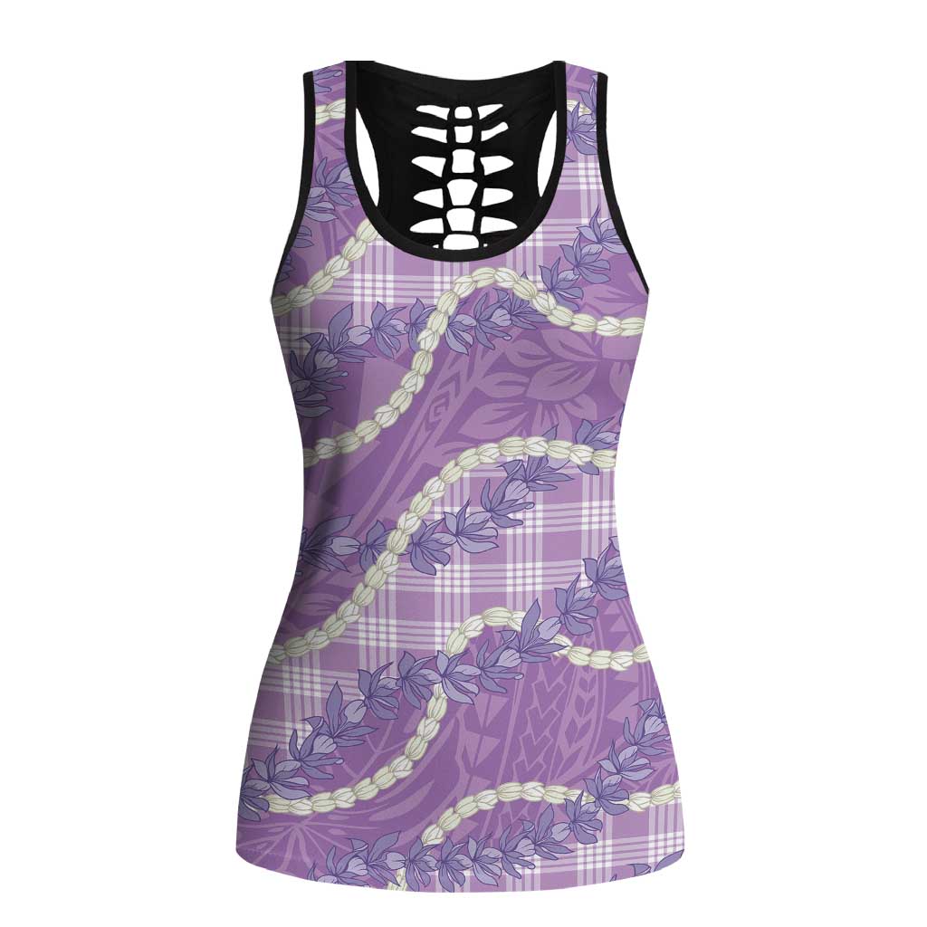 Purple Hawaii Palaka Honohono Pikake Hollow Tank Top Hawaiian Orchid Lei Polynesian Pattern - Polynesian Pride