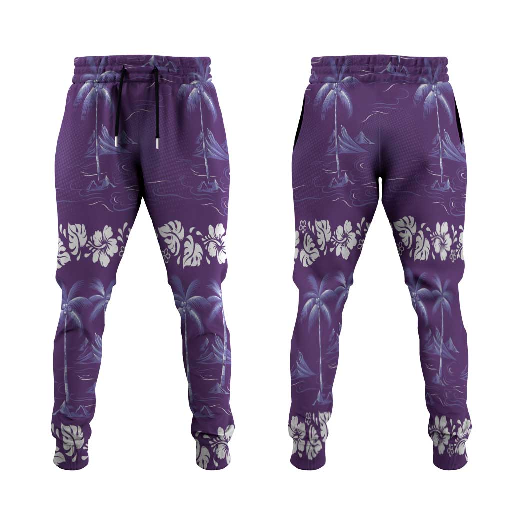 Purple Hawaii Palm Tree Hibiscus Jogger Pants Fantasy Summer Vibe LT01 Purple - Polynesian Pride