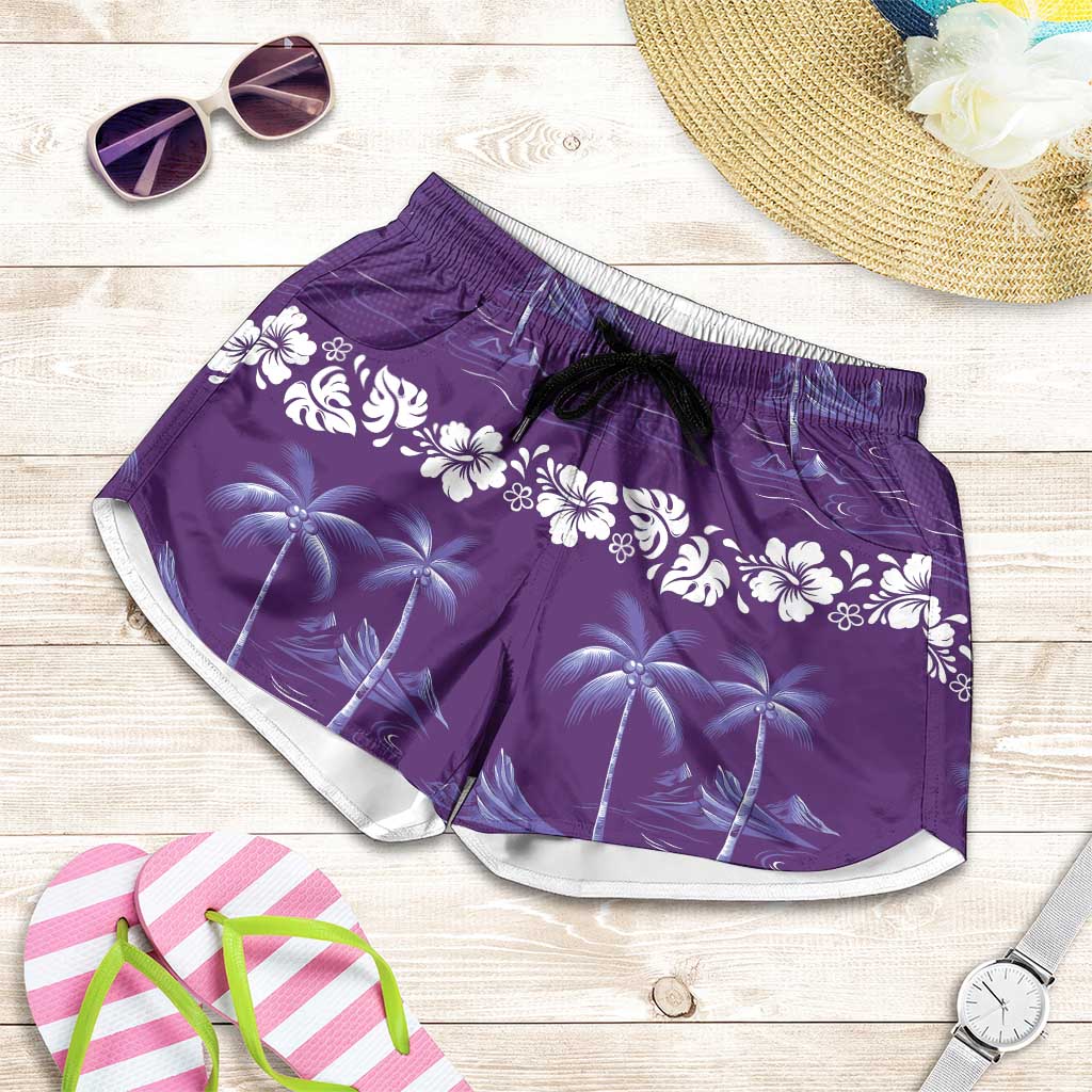 Purple Hawaii Palm Tree Hibiscus Shorts for Women Fantasy Summer Vibe LT01 Purple - Polynesian Pride