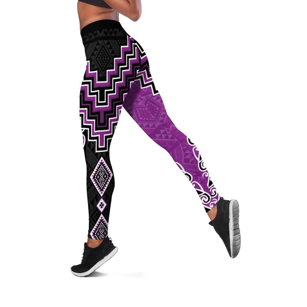 Purple Niho Taniwha Mix Poutama Leggings Unique Taniko Aotearoa - Polynesian Pride