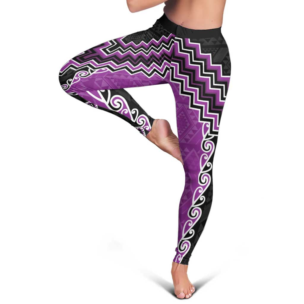 Purple Niho Taniwha Mix Poutama Leggings Unique Taniko Aotearoa - Polynesian Pride