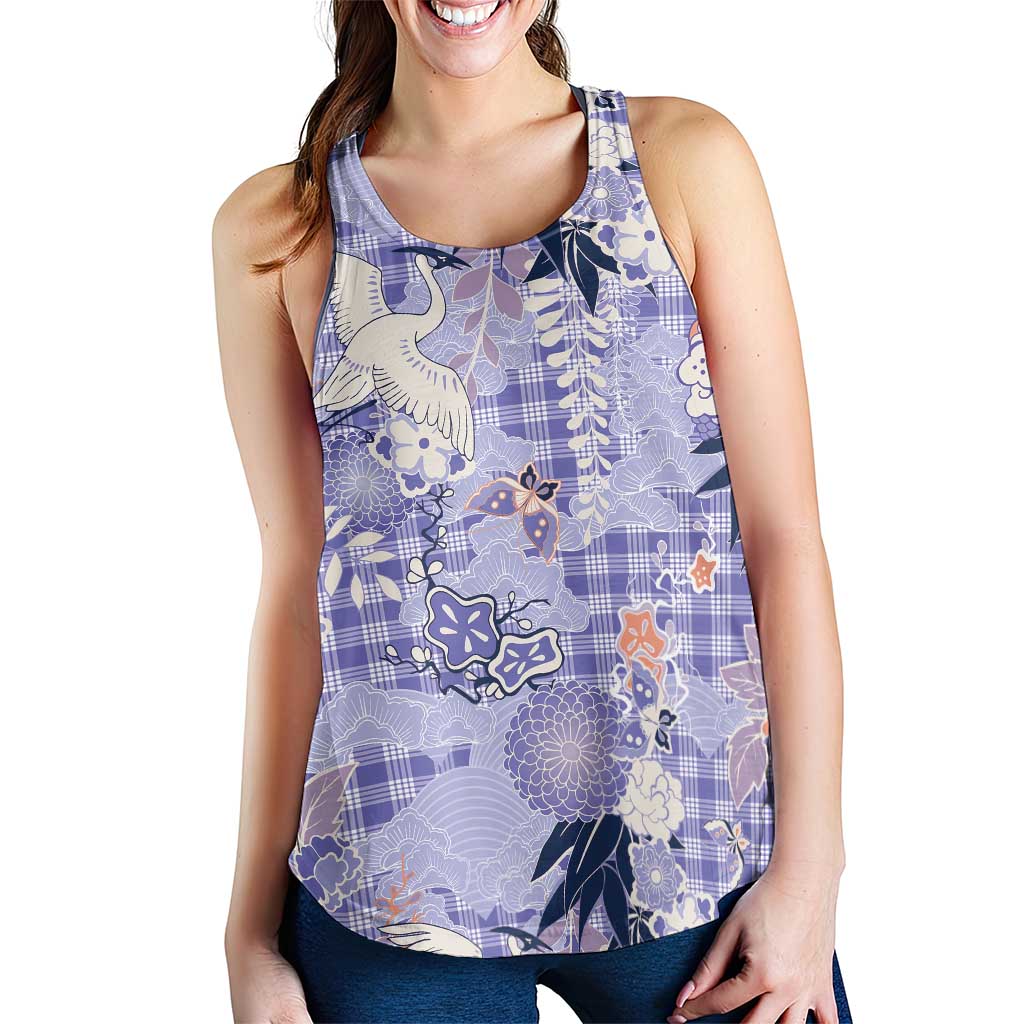 Purple Palaka Crane and Flowers Women Racerback Tank Japan Heritage Spirit - Polynesian Pride