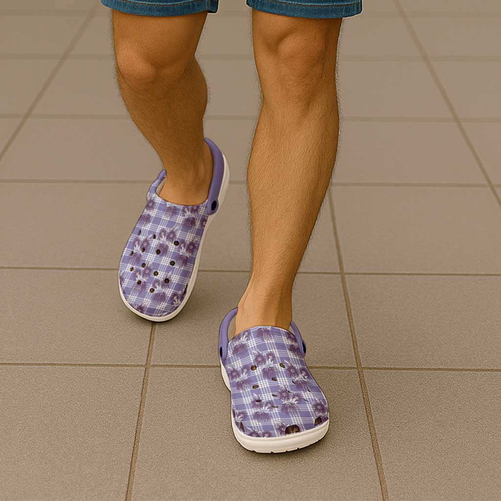 Purple Palaka Hawaii Clogs Shoes Hawaiian Lehua Blossoms