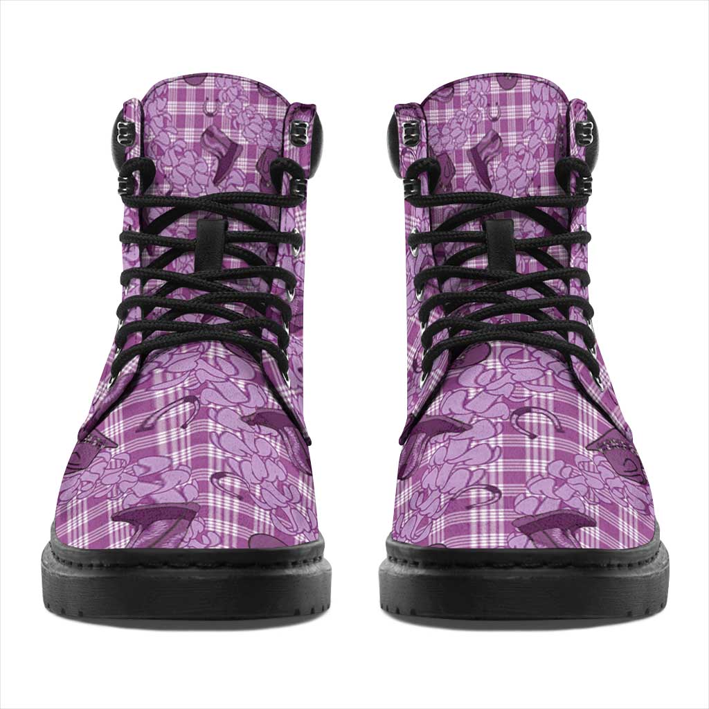 Purple Palaka Hawaii Cowboy All Season Boots Puakenikeni Lei Paniolo Papale Seamless Vibes - Polynesian Pride