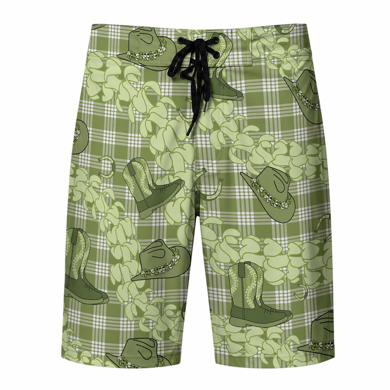 Purple Palaka Hawaii Cowboy Board Shorts Puakenikeni Lei Paniolo Papale Seamless Vibes