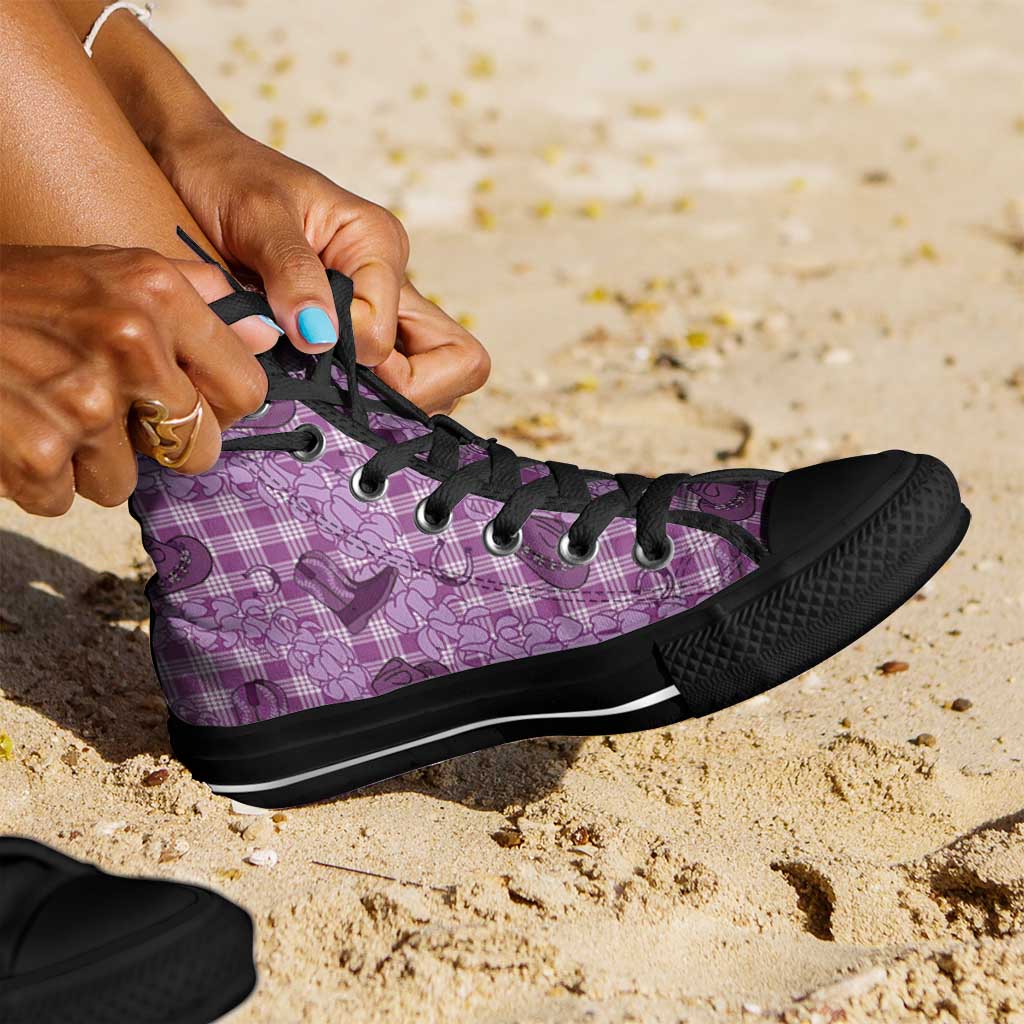 Purple Palaka Hawaii Cowboy High Top Shoes Puakenikeni Lei Paniolo Papale Seamless Vibes - Polynesian Pride