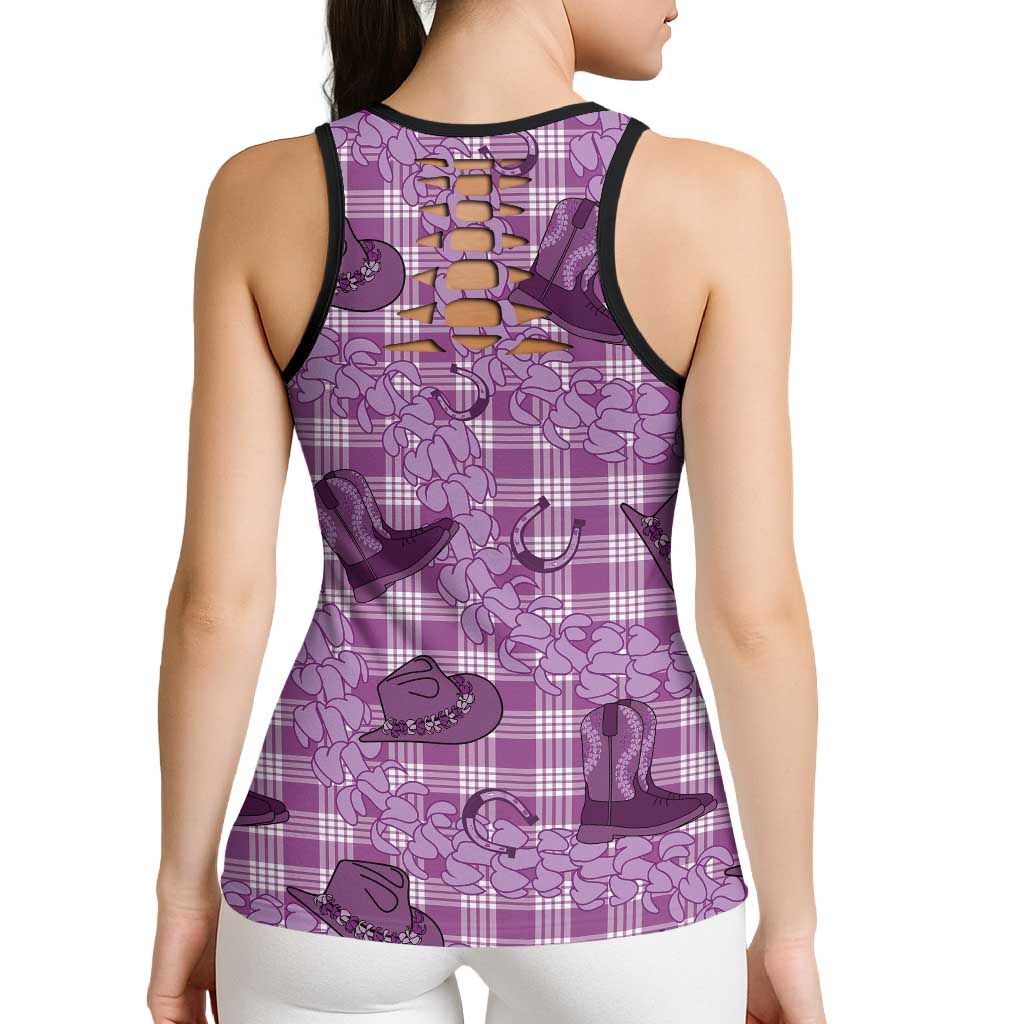 Purple Palaka Hawaii Cowboy Hollow Tank Top Puakenikeni Lei Paniolo Papale Seamless Vibes LT14 - Polynesian Pride