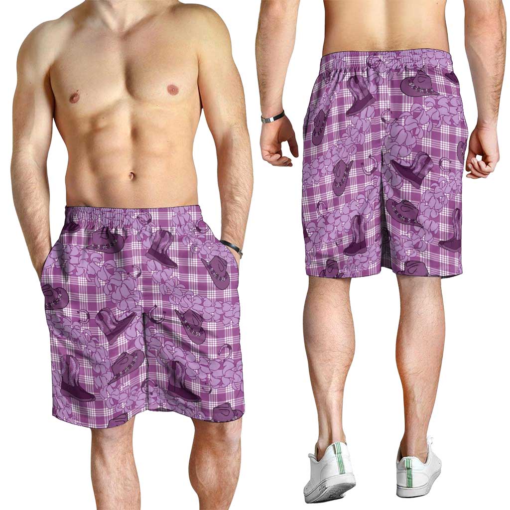 Purple Palaka Hawaii Cowboy Shorts for Men Puakenikeni Lei Paniolo Papale Seamless Vibes - Polynesian Pride