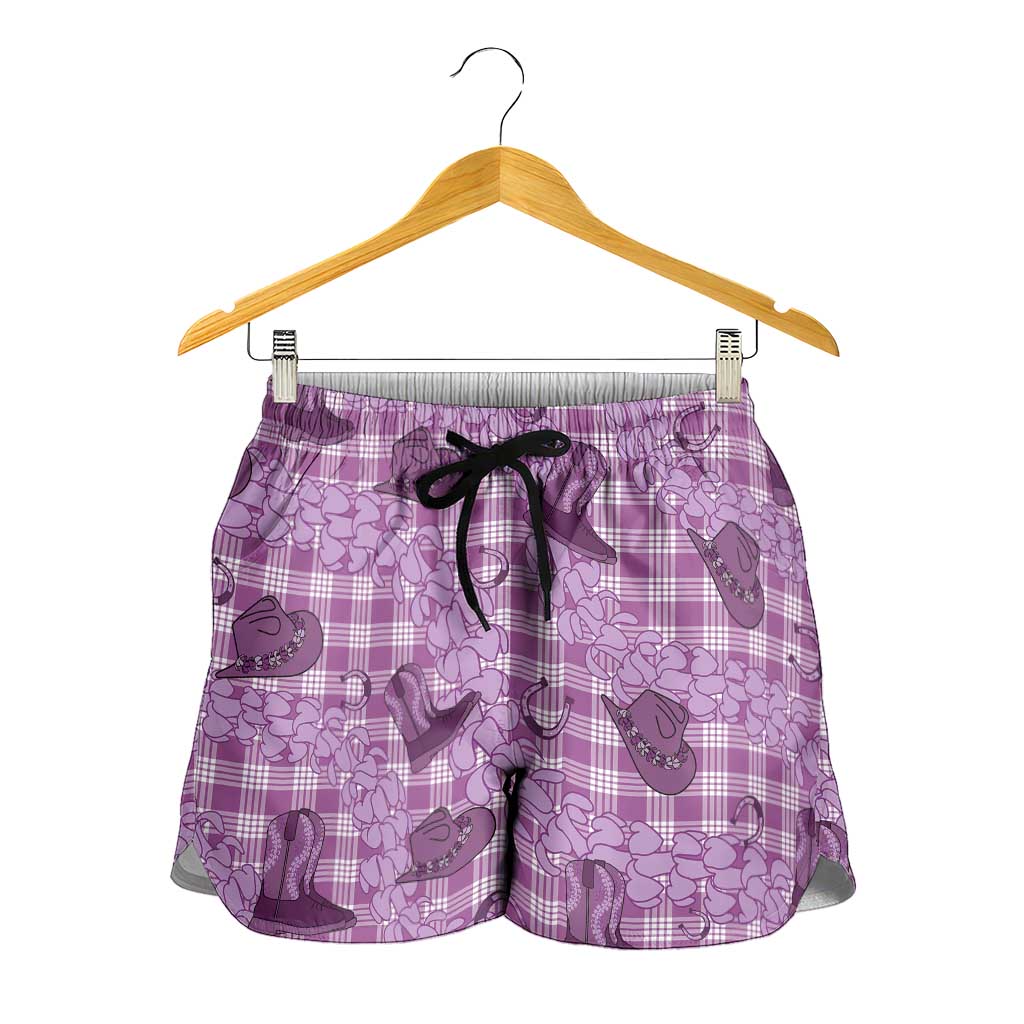 Purple Palaka Hawaii Cowboy Shorts for Women Puakenikeni Lei Paniolo Papale Seamless Vibes LT14 - Polynesian Pride