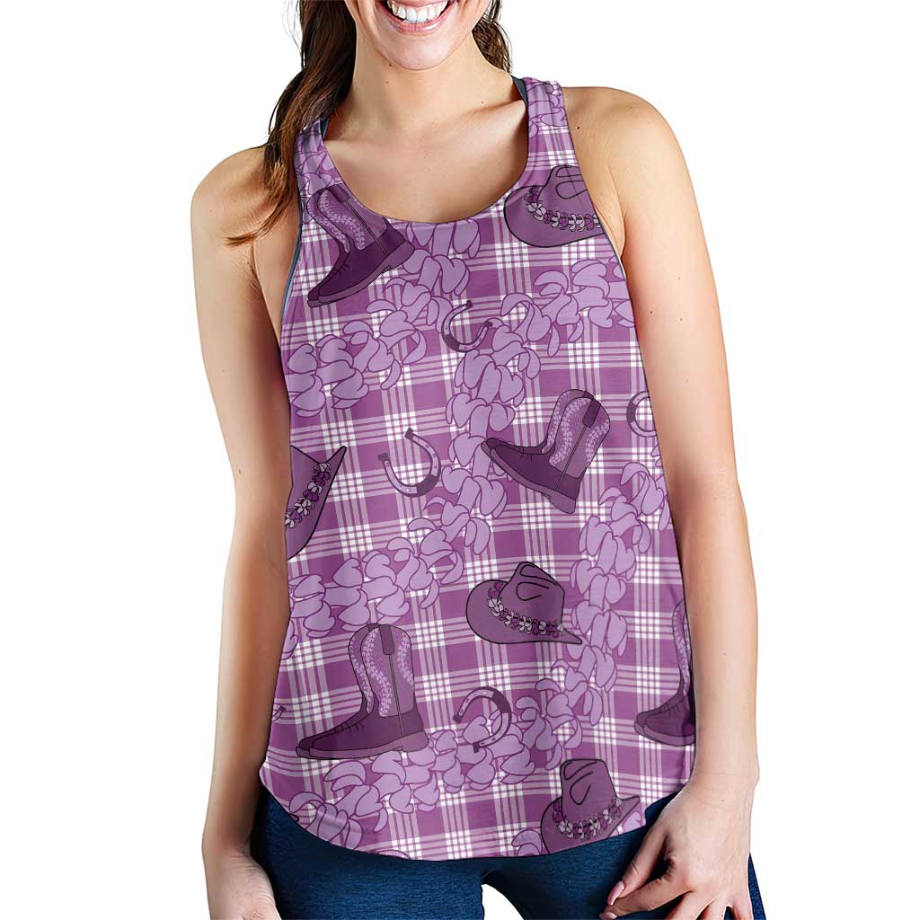 Purple Palaka Hawaii Cowboy Women Racerback Tank Puakenikeni Lei Paniolo Papale Seamless Vibes - Polynesian Pride