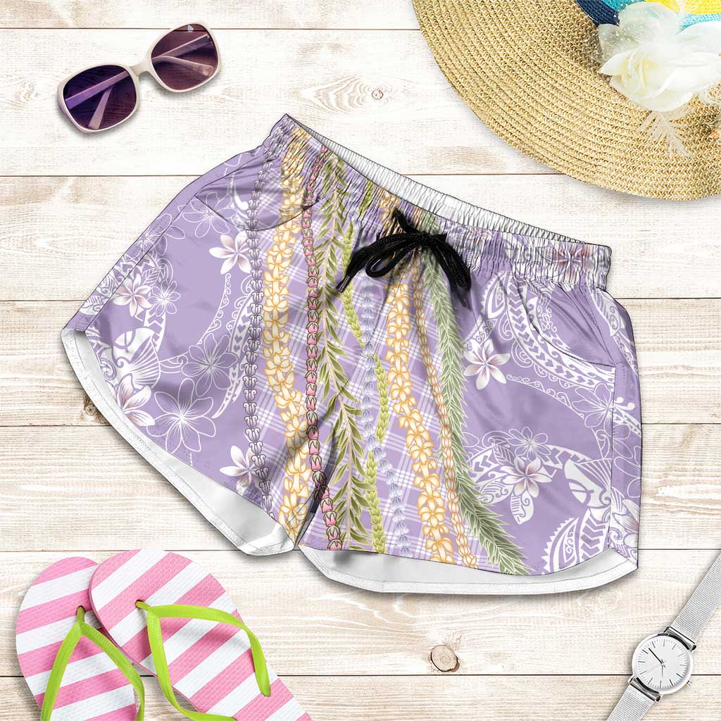 Purple Palaka Hawaii Leis Shorts for Women Hawaiian-plaid Elegant Tropical Vibes - Polynesian Pride