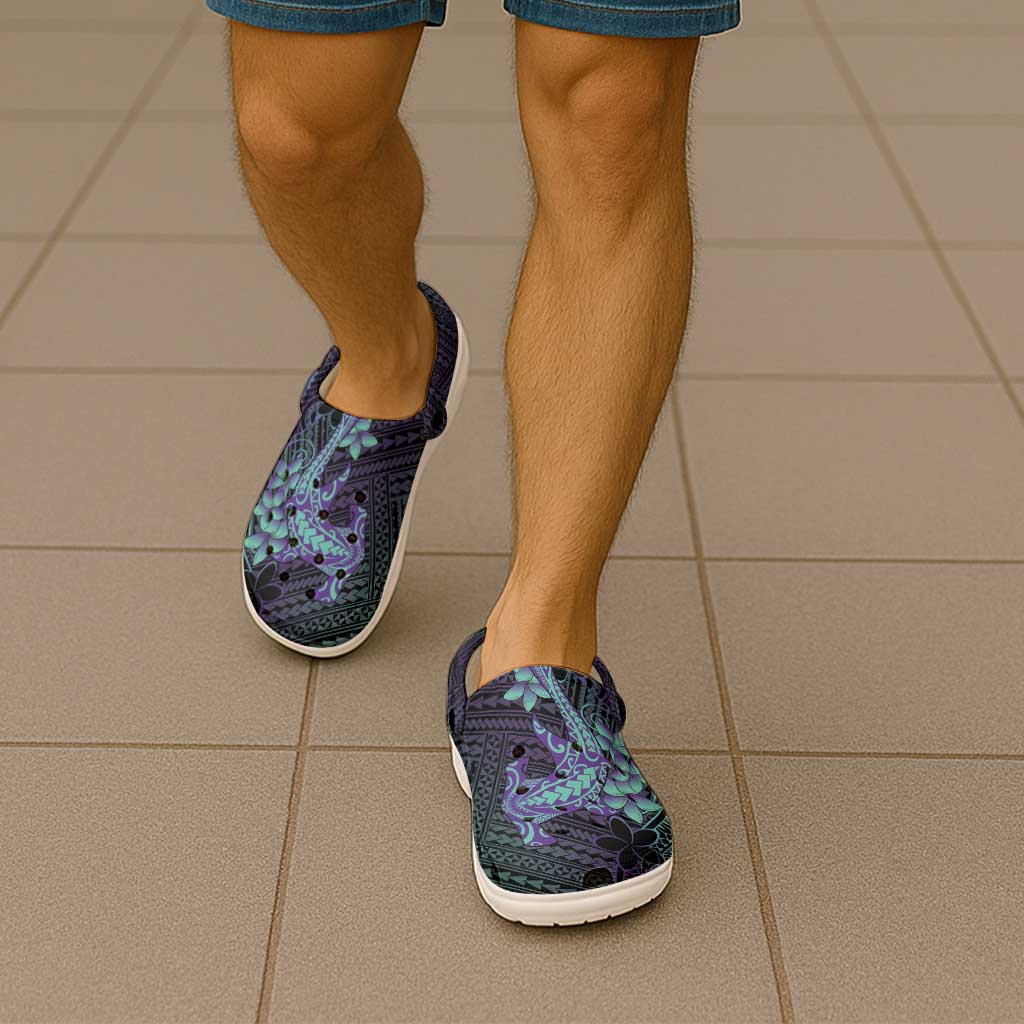 Purple Paradise Hawaii Clogs Shoes Hammerhead Shark Tattoo Curve Polynesian - Polynesian Pride