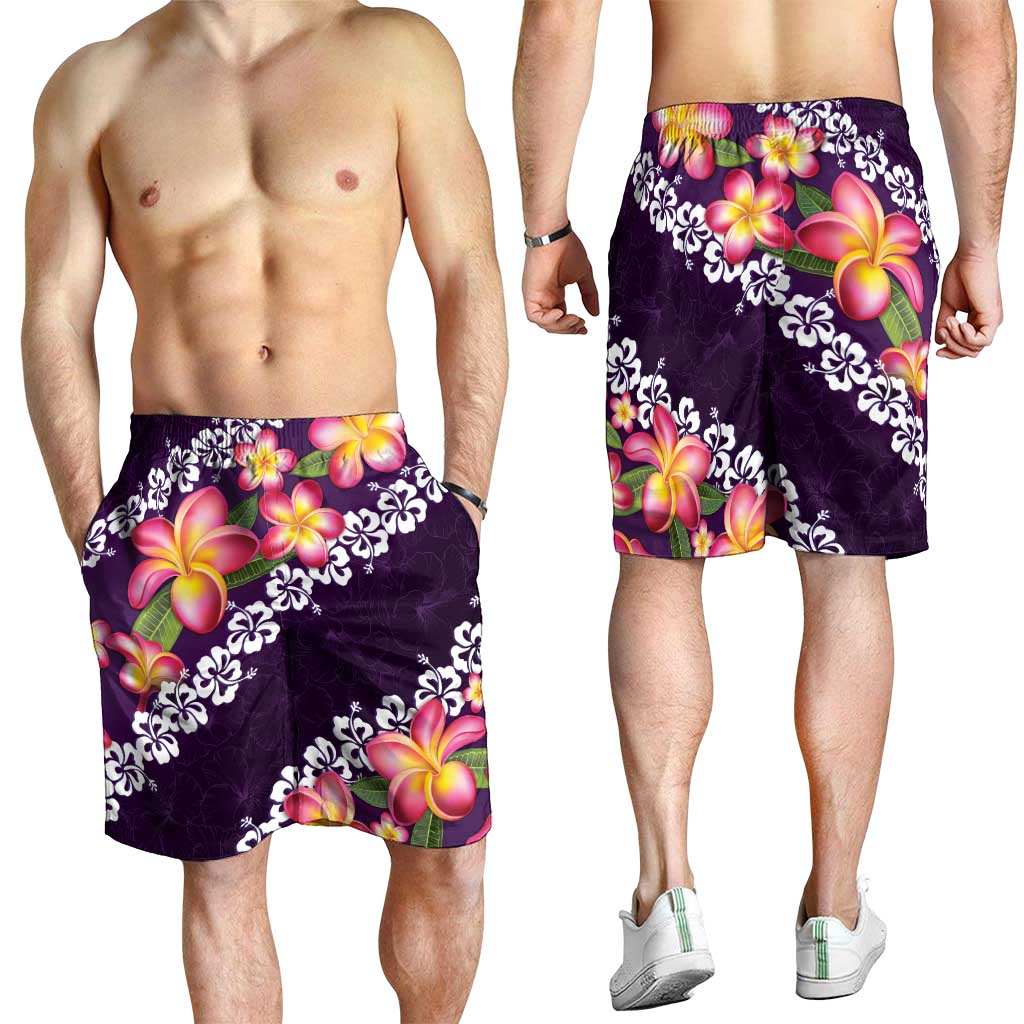 Purple Polynesia Shorts for Men Plumeria With Hibiscus Pattern Tropical Vibes - Polynesian Pride