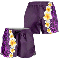 Purple Polynesia Shorts for Women Plumeria Tropical Leaves With Galaxy Polynesian Art - Polynesian Pride
