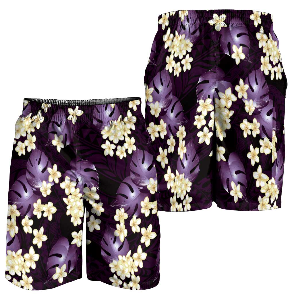 Purple Tropical Hawaii Shorts for Men Seamless Monstera Plumeria Hawaiian Pattern - Polynesian Pride