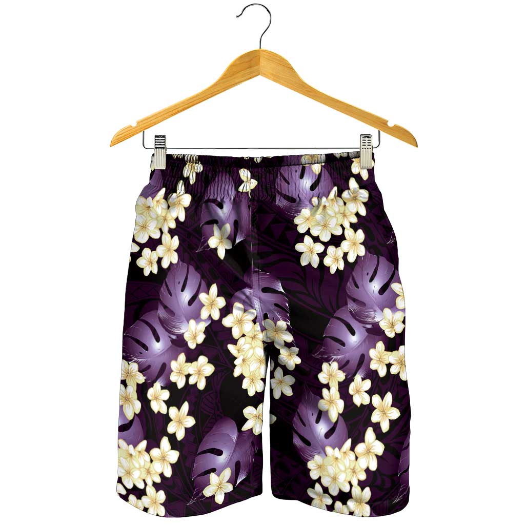 Purple Tropical Hawaii Shorts for Men Seamless Monstera Plumeria Hawaiian Pattern - Polynesian Pride