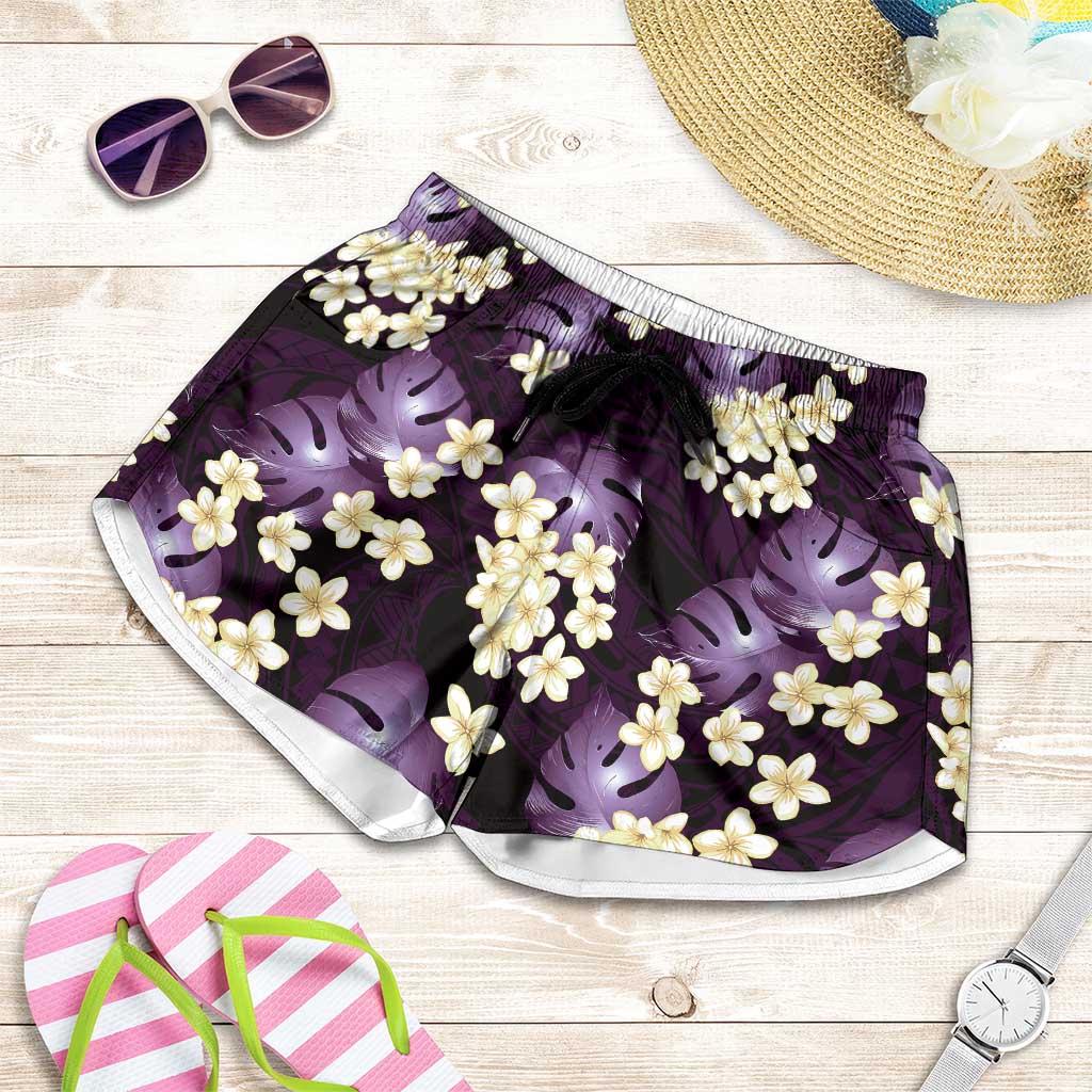Purple Tropical Hawaii Shorts for Women Seamless Monstera Plumeria Hawaiian Pattern - Polynesian Pride