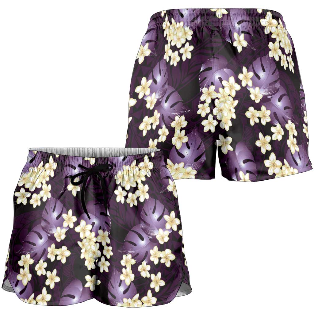 Purple Tropical Hawaii Shorts for Women Seamless Monstera Plumeria Hawaiian Pattern - Polynesian Pride