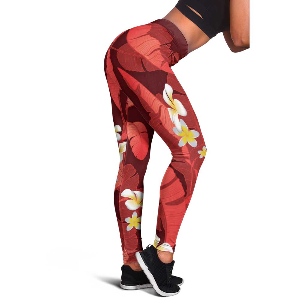 Red Banana Leaf Hawaii Leggings Lau Maia Plumeria Tropical Summer Vibes