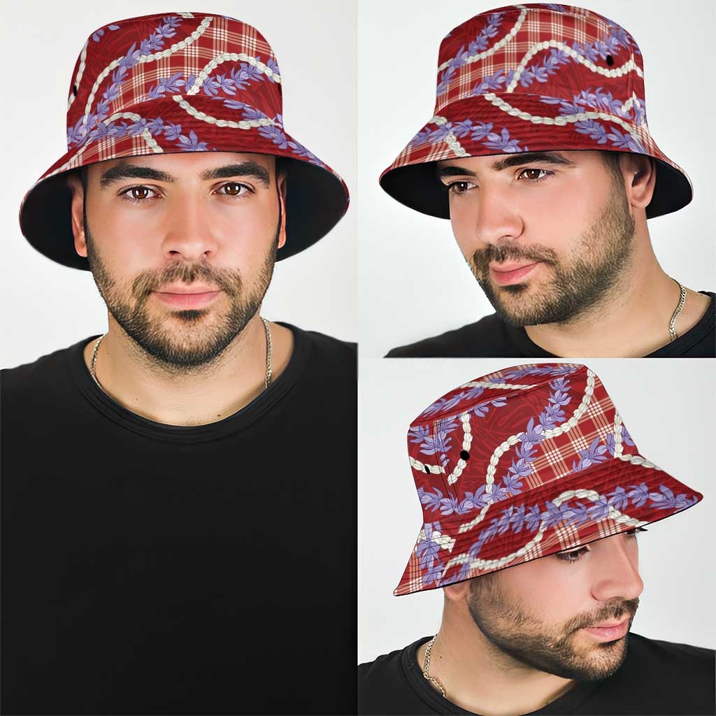 Red Hawaii Palaka Honohono Pikake Bucket Hat Hawaiian Orchid Lei Polynesian Pattern - Polynesian Pride