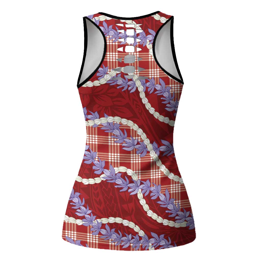 Red Hawaii Palaka Honohono Pikake Hollow Tank Top Hawaiian Orchid Lei Polynesian Pattern - Polynesian Pride