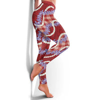 Red Hawaii Palaka Honohono Pikake Leggings Hawaiian Orchid Lei Polynesian Pattern - Polynesian Pride