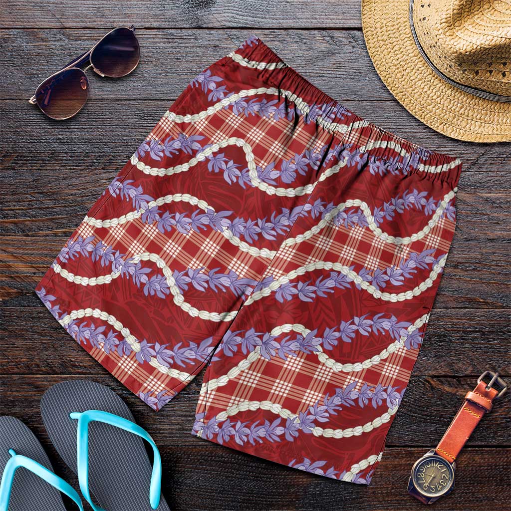 Red Hawaii Palaka Honohono Pikake Shorts for Men Hawaiian Orchid Lei Polynesian Pattern - Polynesian Pride