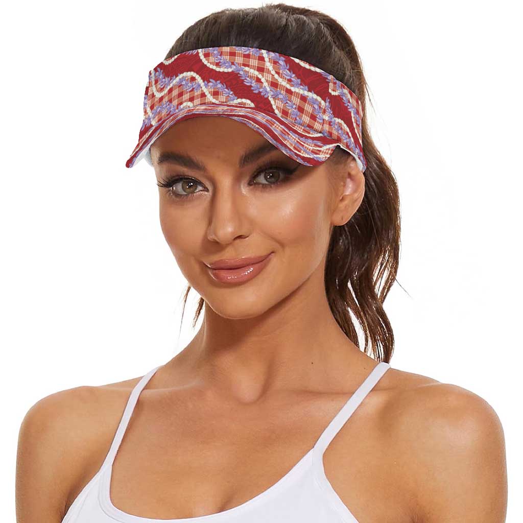 Red Hawaii Palaka Honohono Pikake Sun Visor Cap Hawaiian Orchid Lei Polynesian Pattern