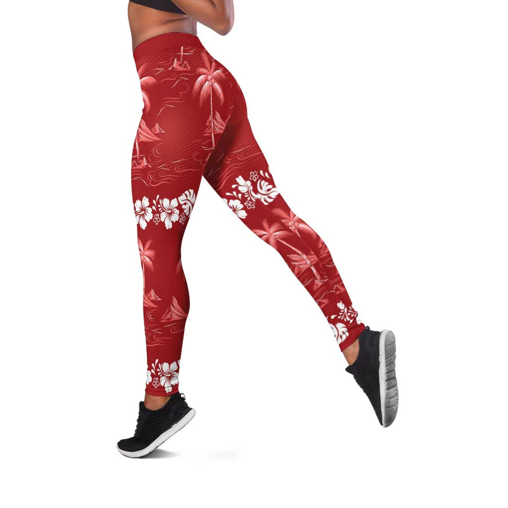 Red Hawaii Palm Tree Hibiscus Leggings Fantasy Summer Vibe LT01 Red - Polynesian Pride