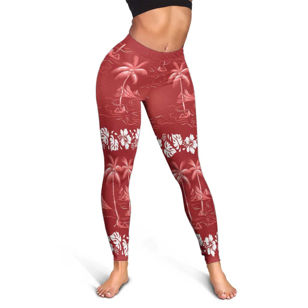 Red Hawaii Palm Tree Hibiscus Leggings Fantasy Summer Vibe LT01 - Polynesian Pride