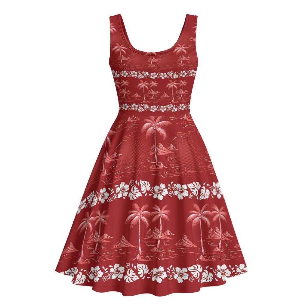Red Hawaii Palm Tree Hibiscus Midi Dress Fantasy Summer Vibe LT01 - Polynesian Pride