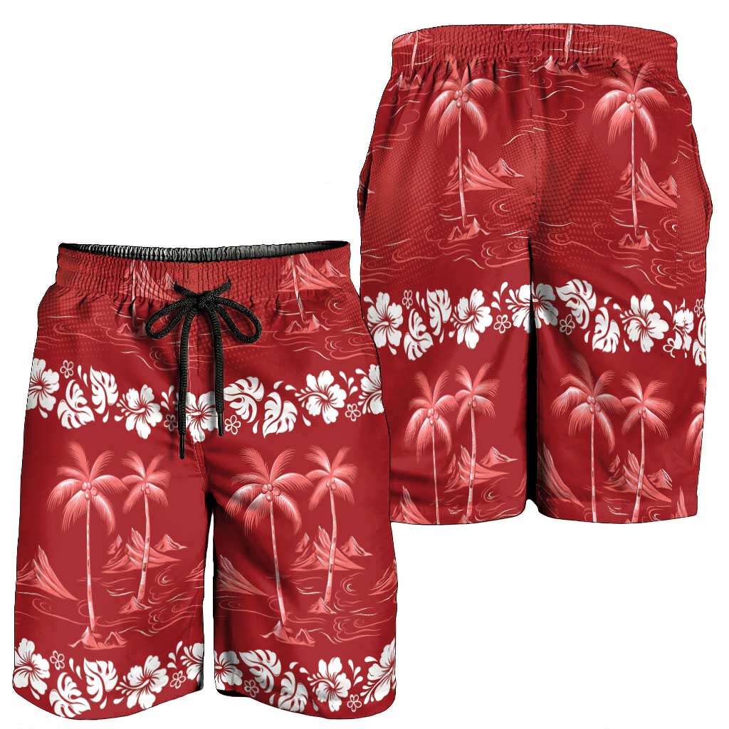 Red Hawaii Palm Tree Hibiscus Shorts for Men Fantasy Summer Vibe LT01 - Polynesian Pride