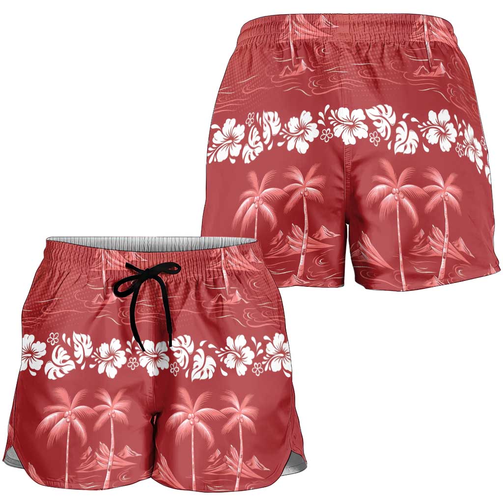 Red Hawaii Palm Tree Hibiscus Shorts for Women Fantasy Summer Vibe LT01 - Polynesian Pride