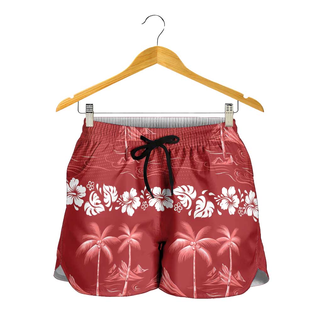 Red Hawaii Palm Tree Hibiscus Shorts for Women Fantasy Summer Vibe LT01 - Polynesian Pride