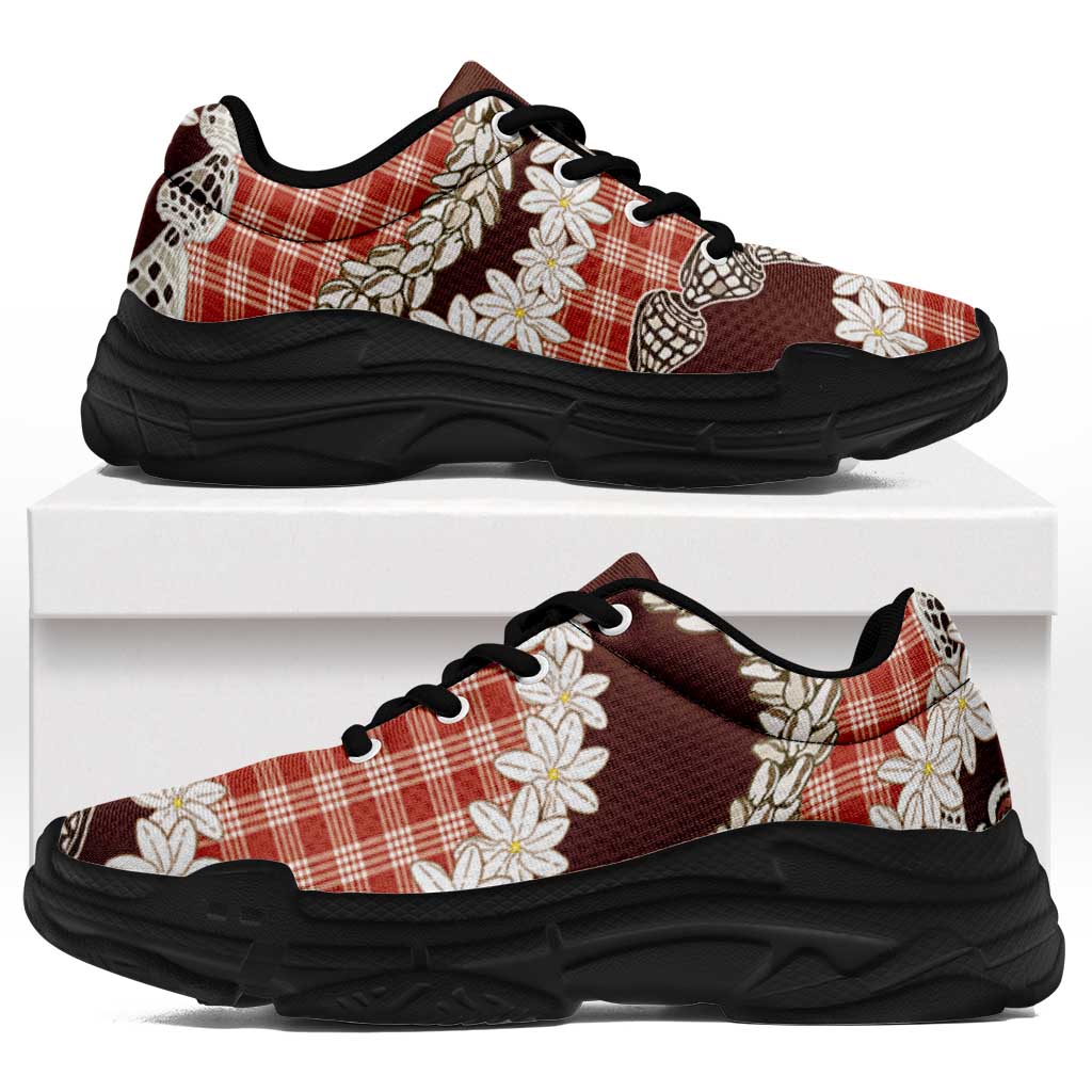 Red Hawaii Tiare and Shell Lei Chunky Sneakers Hawaiian Palaka Luxury Vibes - Polynesian Pride
