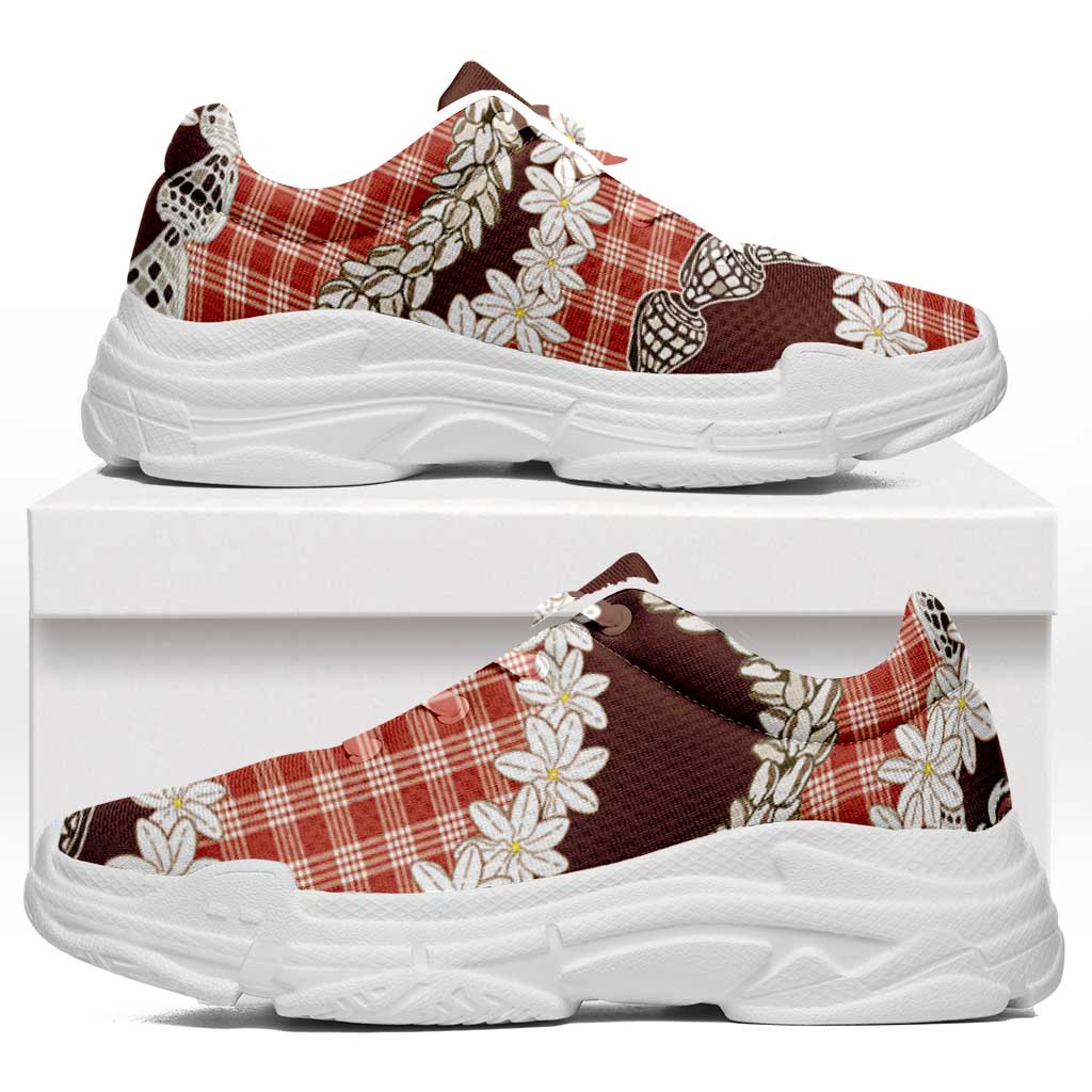 Red Hawaii Tiare and Shell Lei Chunky Sneakers Hawaiian Palaka Luxury Vibes - Polynesian Pride