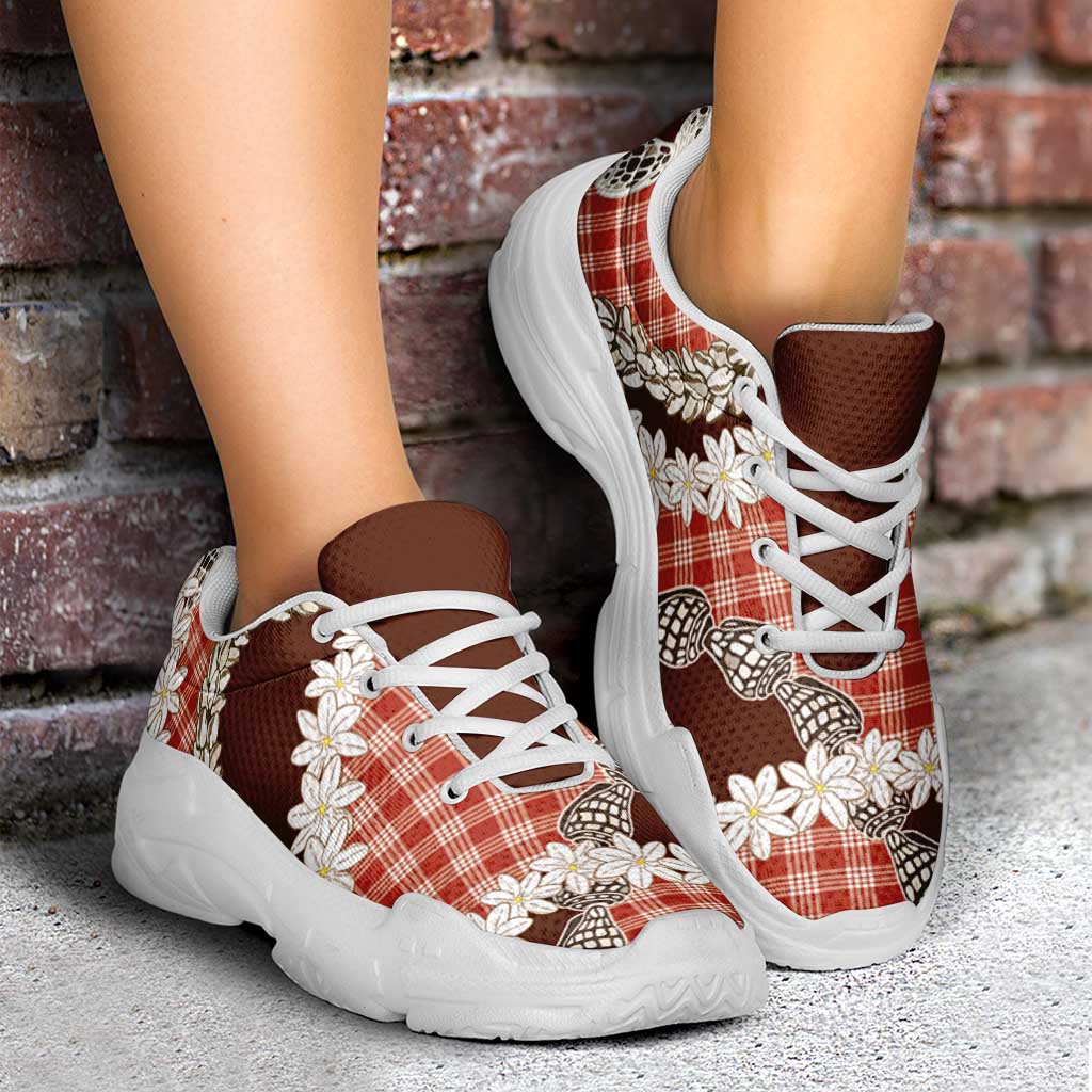 Red Hawaii Tiare and Shell Lei Chunky Sneakers Hawaiian Palaka Luxury Vibes - Polynesian Pride