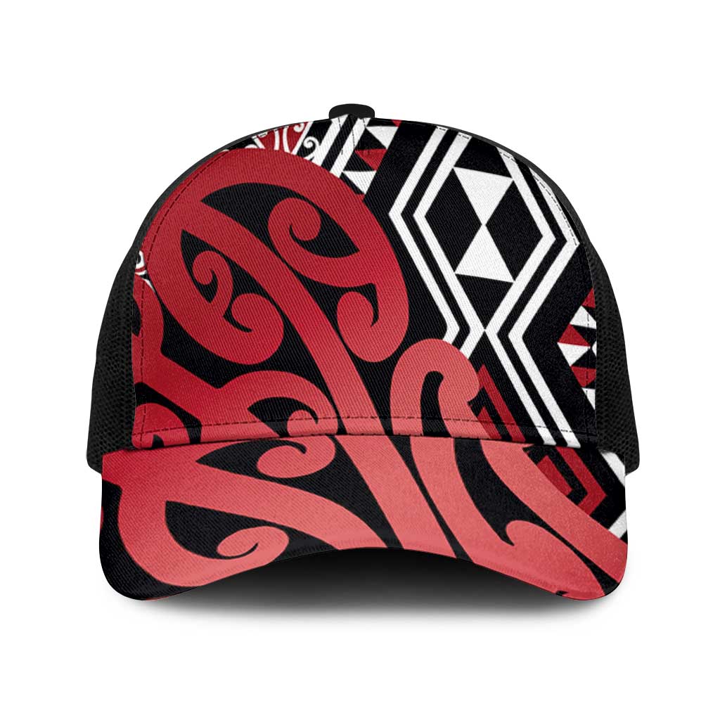 Red New Zealand Mesh Trucker Cap Aotearoa Kowhaiwhai Mix Taniko Art - Polynesian Pride