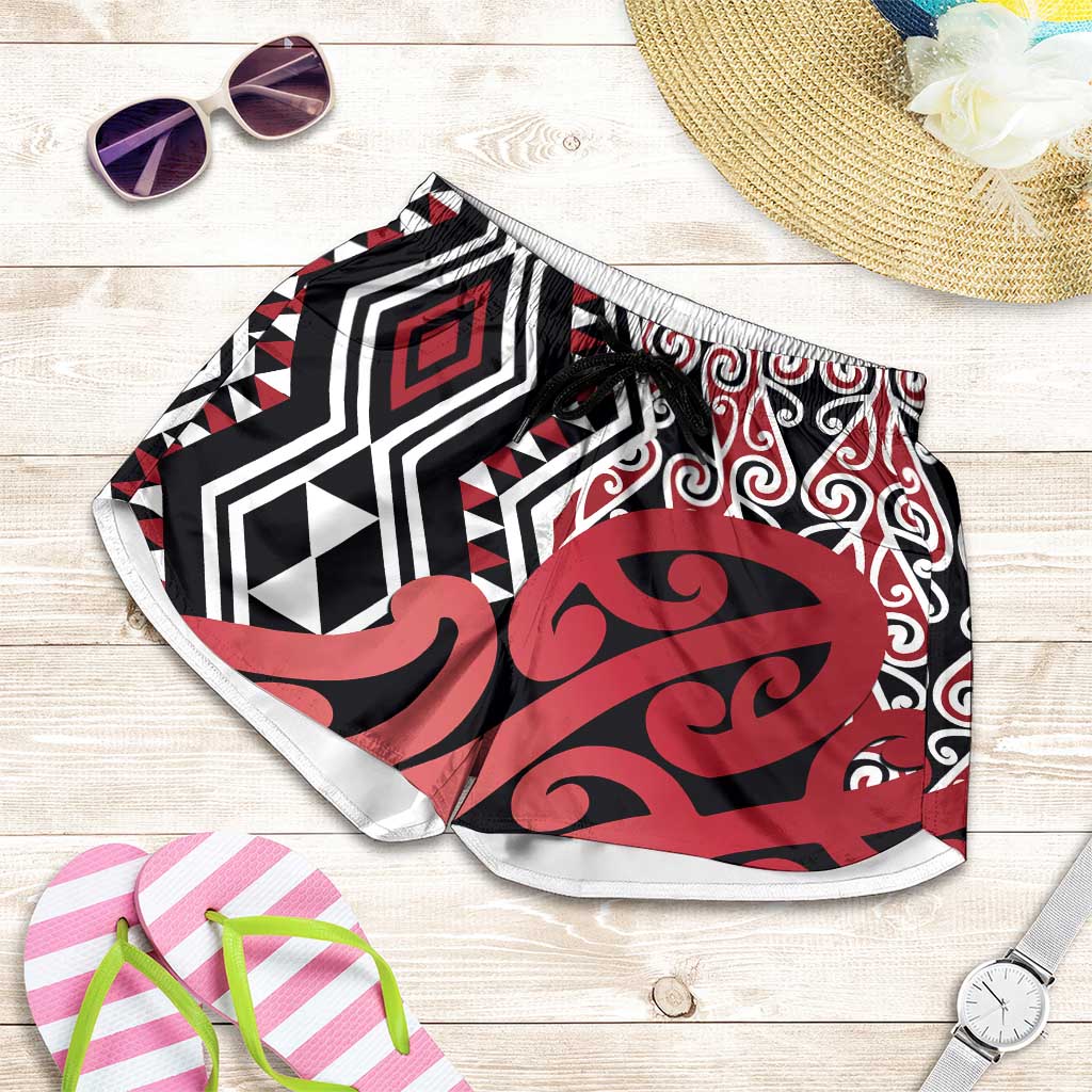 Red New Zealand Shorts for Women Aotearoa Kowhaiwhai Mix Taniko Art
