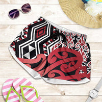 Red New Zealand Shorts for Women Aotearoa Kowhaiwhai Mix Taniko Art