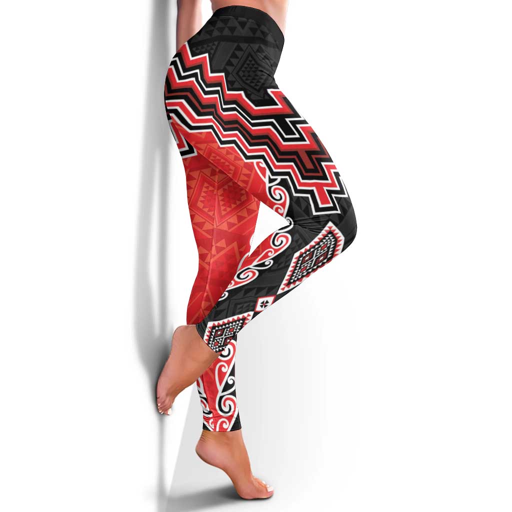 Red Niho Taniwha Mix Poutama Leggings Unique Taniko Aotearoa - Polynesian Pride