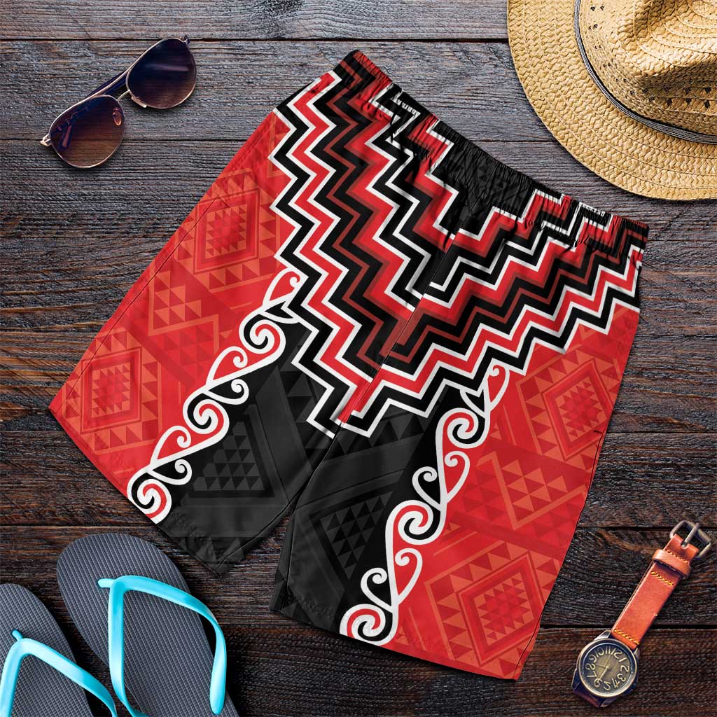 Red Niho Taniwha Mix Poutama Shorts for Men Unique Taniko Aotearoa - Polynesian Pride